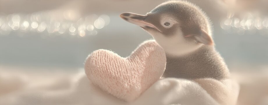 baby penguin with heart Adorable baby penguin holding a pink knitted heart on soft white surface controlled lighting a baby penguin giving a heart ิblur background, blur tiles wallpaper