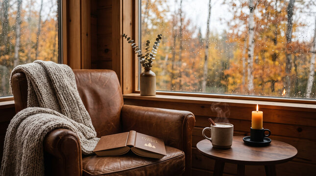 Cozy autumn reading nook with leather armchair, open book and rainy window view