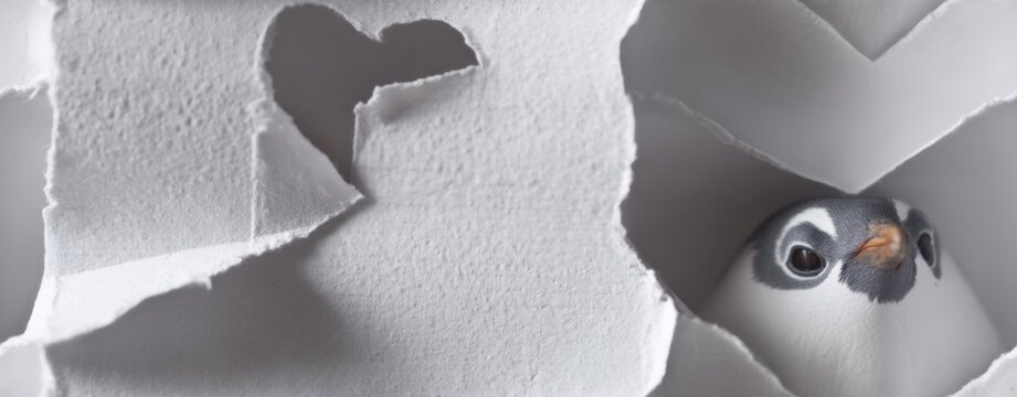 baby penguin with heart Adorable penguin chick peeking through torn white paper with heart-shaped cutout revealing fluffy feathers and curious eyes a baby penguin giving a heart