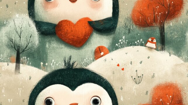 baby penguin with heart Whimsical illustration of playful penguins, vibrant orange trees, cozy tents, and cute animals in a charming winter landscape a baby penguin giving a heart