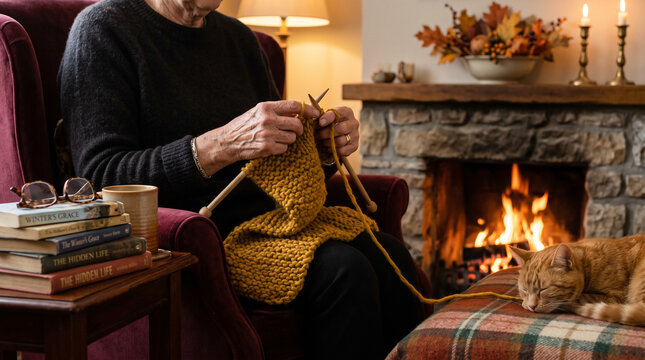 Elderly woman knitting yellow scarf in armchair by fireplace with sleeping cat and books