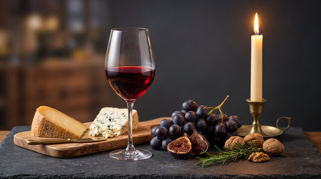 Glass of red wine with cheese, grapes, figs and walnuts on slate with candle