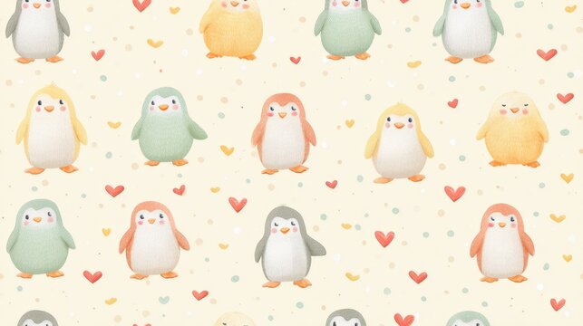 baby penguin with heart Cute pastel-colored cartoon penguins and chicks with hearts and confetti on soft background a baby penguin giving a heart ิblur background, blur tiles wallpaper