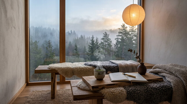 Serene minimalist interior with misty forest view, steaming tea and open journal