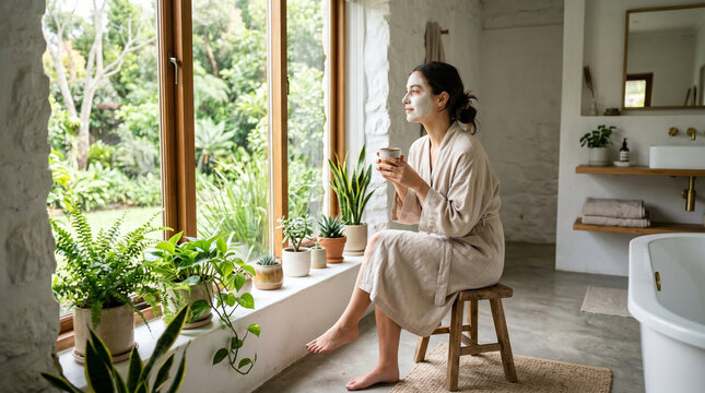 Woman with face mask relaxing in plant-filled bathroom with garden view