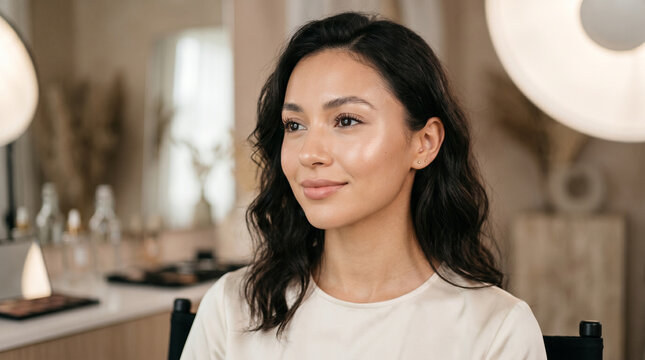 Natural beauty portrait of woman with glowing skin in makeup studio