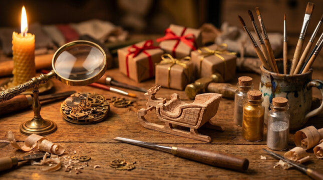 Wooden sleigh toy on craftsman workbench with carving tools, candle and christmas gifts