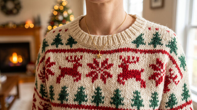 Woman wearing knitted christmas sweater with reindeer and tree pattern in cozy home