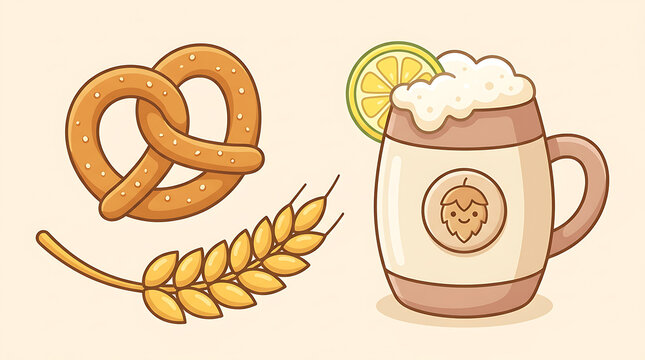 Cute of a salted pretzel golden wheat stalks and a beer mug with a lemon slice for oktoberfest and menu decoration