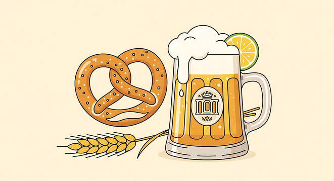 Minimalist of a frothy beer mug with lemon slice and pretzel and wheat stalks on a soft cream colored background