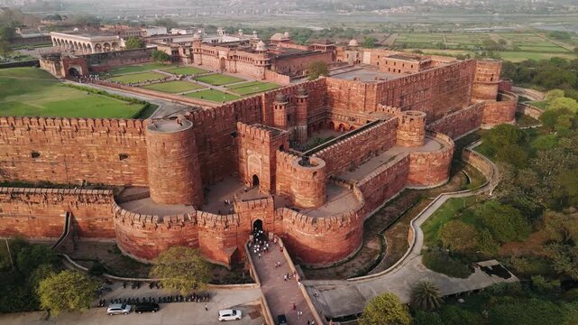 Aerial view of the agra fort, a unesco world heritage site and famous indian landmark in uttar pradesh