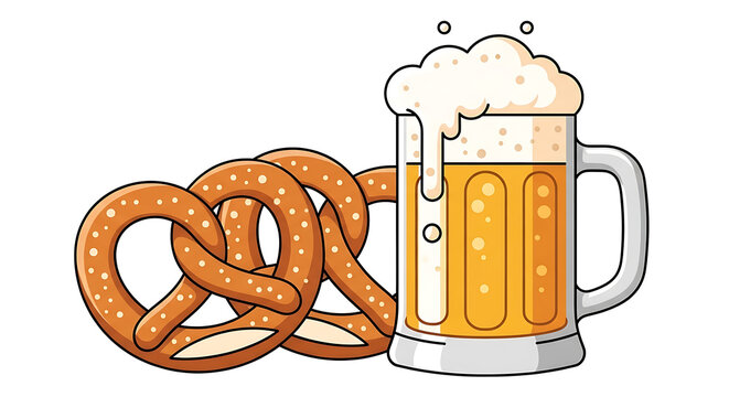 Isolated of a large foamy beer mug and two salted pretzels for oktoberfest promotional and menu