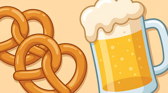Traditional bavarian beer mug filled with golden lager and two soft pretzels on a light beige background, for oktoberfest celebration