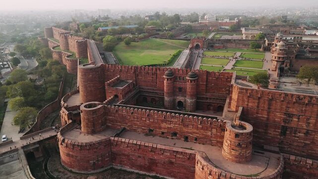 Aerial view of the historic agra fort, a unesco world heritage site and famous landmark in uttar pradesh, india