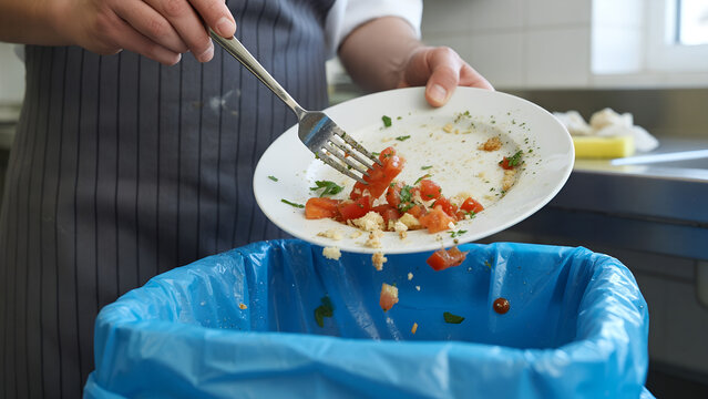 Hands scraping food remnants from a white plate into a blue trash bin in a commercial kitchen