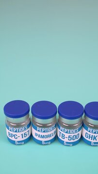 Peptide Vials Labeled BPC-157, Ipamorelin, TB-500, GHK-CU, Semaglutide, CJC-1295