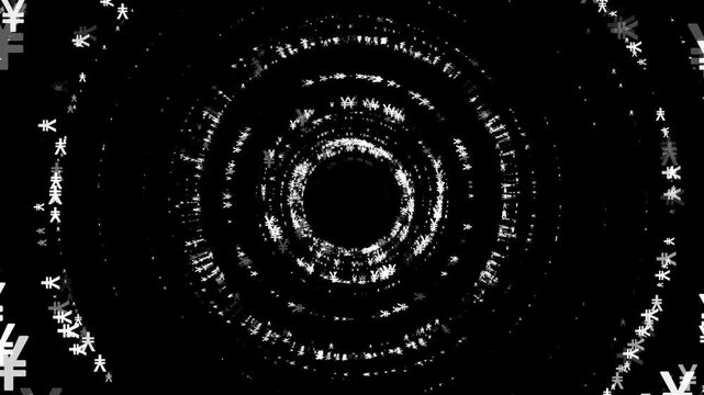 Yuan signs and symbol financial speed tunnel camera zooming animation on black background.