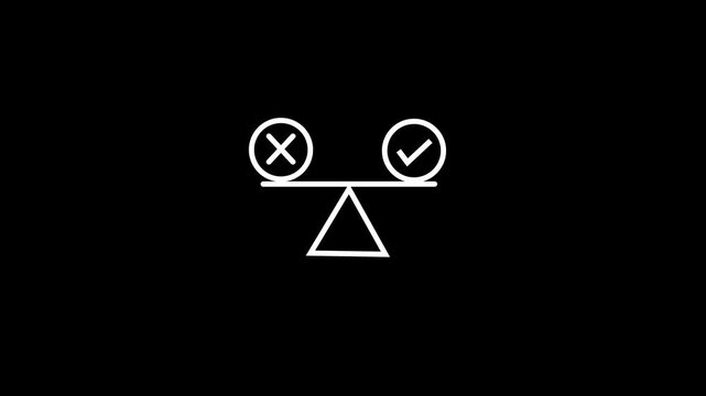 Conceptual balance scale animation: choosing between right and wrong options choice decision