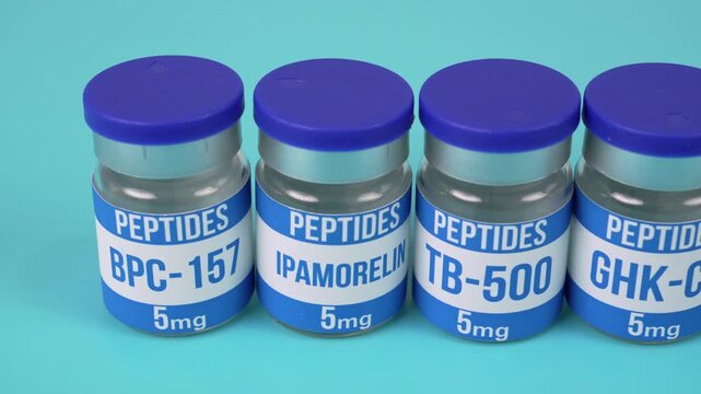 Peptide Vials Labeled BPC-157, Ipamorelin, TB-500, GHK-CU, Semaglutide, CJC-1295