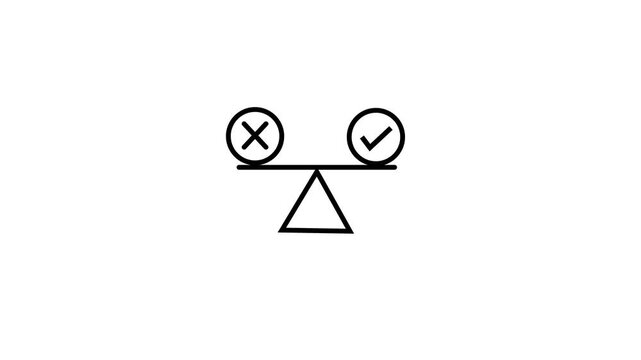 Balanced scale animation with checkmark and cross for decision making and comparison concepts choice