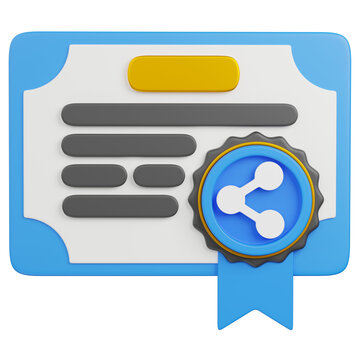 3d render certificate and ribbon with   share  sign icon 