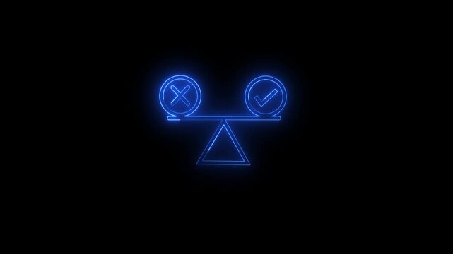 Neon balance scale with checkmark and x symbol for decision making and choice concept glowing