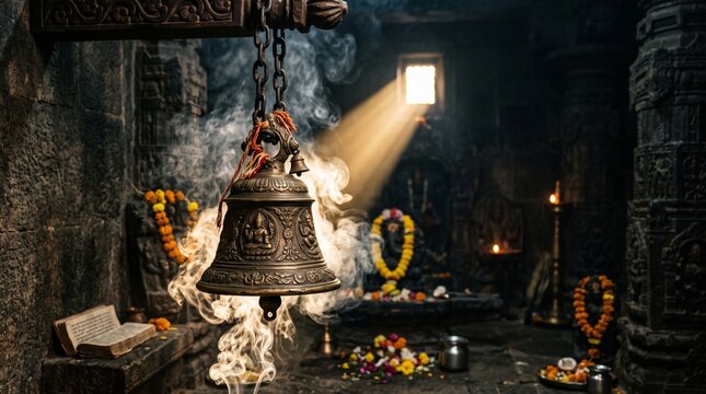 Antique carved brass temple bell glowing in mystical incense smoke