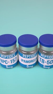 Peptide Vials Labeled BPC-157, Ipamorelin, TB-500, GHK-CU, Semaglutide, CJC-1295