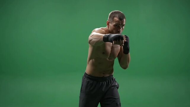 Muscular male boxer training with shadowboxing movements, striking and punching in slow motion against a clean green screen background, full body shot for compositing
