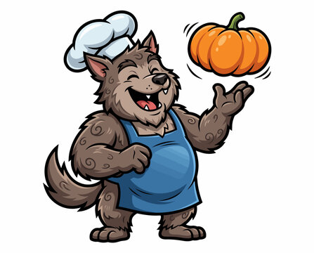 Cheerful Cartoon Werewolf Chef Wearing A White Kitchen Hat Holding An Orange Pumpkin Illustration