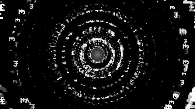 Pound signs and symbol financial speed tunnel camera zooming animation on black background.