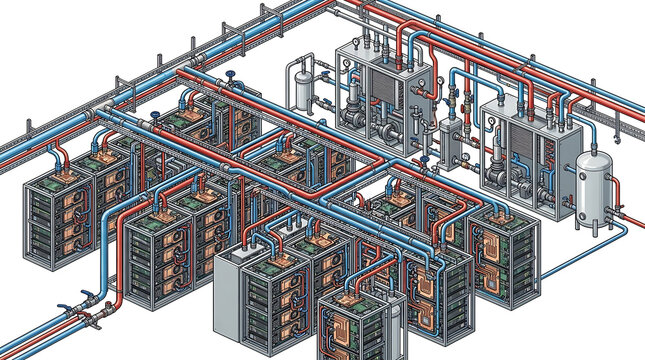 AI GPU data center liquid cooling infrastructure with server racks, coolant distribution units, cold plates, pumps, manifolds and heat exchangers, isolated technical illustration on white background
