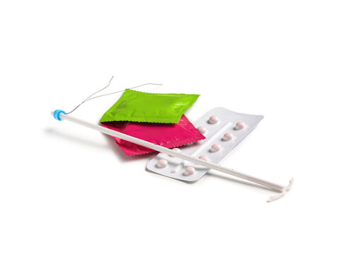 Various birth control methods including condoms, an iud, and contraceptive pills for family planning and reproductive health