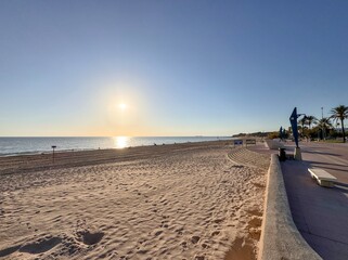 sunset on the beach promenade of la Barossa near Chiclana, Playa de la Barrosa, Playa Sancti Petri, Costa de la Luz, Andalusia, Spain © keBu.Medien