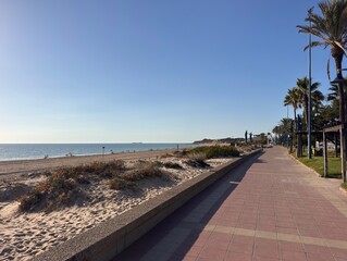 sunset on the beach promenade of la Barossa near Chiclana de la Frontera, Playa de la Barrosa, Playa Sancti Petri, Costa de la Luz, Andalusia, Spain © keBu.Medien