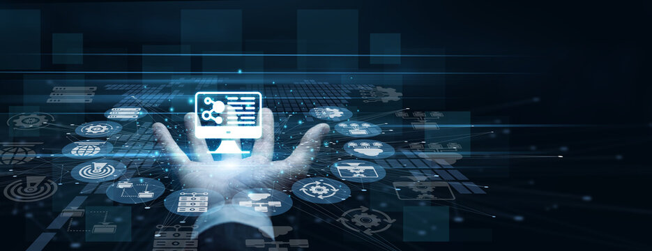 Software engineer handhold Computer Science icon mapping complex logic. Developer using modern laptop analyzing advanced programming languages and system design. Digital tech innovation.