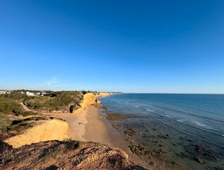 view from the cliffs to the Cala del Puntalejo and the Búnker de Fuente del Gallo at the Atlantic Ocean near Conil de la Frontera during sunset, Cadiz, Costa de la Luz, Andalusia, Spain © keBu.Medien