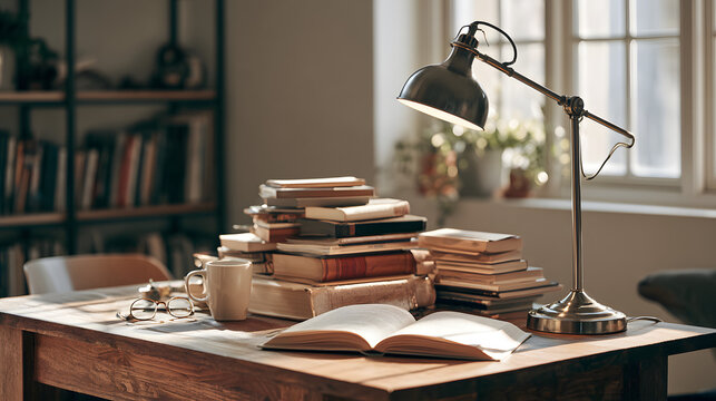A cozy study space with stacks of books, an open book, a coffee mug, and a stylish desk lamp.