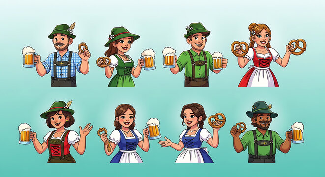 Group of happy people in traditional bavarian clothing holding beer mugs and pretzels for oktoberfest festival celebration