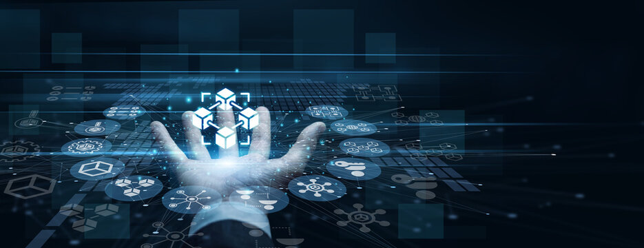 Crypto developer handhold Blockchain icon showing decentralized network. Programmer using modern tablet analyzing secure cryptocurrency ledgers and smart contracts. Safe digital finance.
