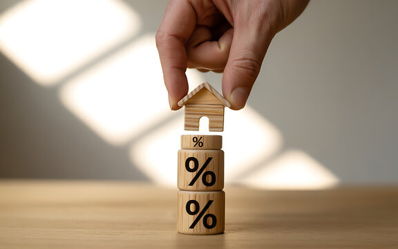 Hand placing wooden house on stack of percentage blocks representing mortgage interest rates