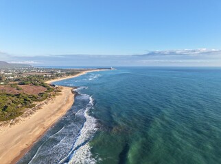 bird's-eye view over the beach Playa Mangueta between El Palmar de Vejer and Zahora, lightouse Faro de Trafalgar at the horizon, Costa de la Luz, Andalusia, Spain © keBu.Medien
