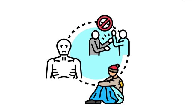 Group of vulnerable people experiencing exclusion and needing social support, with an icon showing outreach and helping hand for integration and community assistance