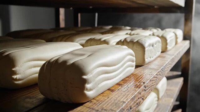 Quiet tracking view beside sculpted ivory plant-based cheese blocks on rustic wooden racks, highlighting flowing rind grooves, smooth pale surfaces, repetition, and dramatic side light in curing.
