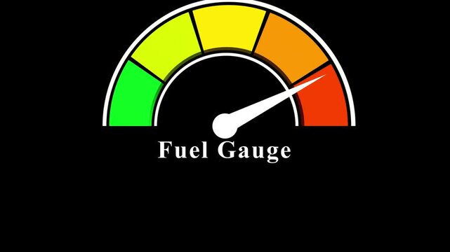 Fuel gauge indicator shows decreasing fuel level on a colorful dashboard.