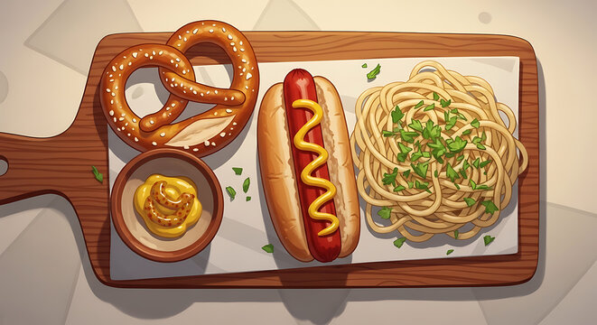 View of traditional german food featuring a hot dog with mustard, a soft pretzel, and a bowl of spaghetti noodles on a wooden serving board