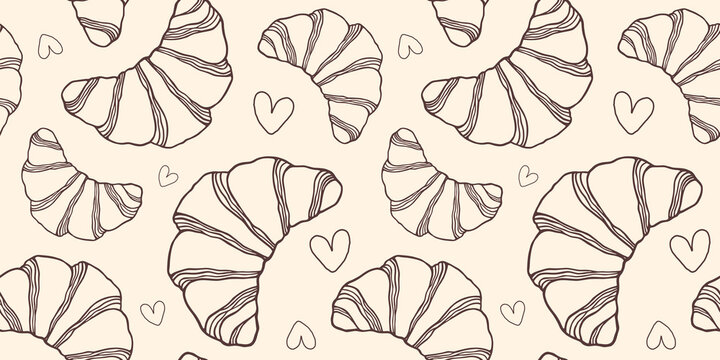 Croissant seamless pattern with hearts. French bakery background with fresh croissants for cafe menu, bakery packaging, textile or wrapping paper