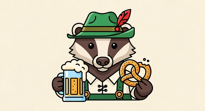 Cute cartoon badger wearing a traditional bavarian alpine hat holding a frothy beer mug and a salted pretzel on a light cream background
