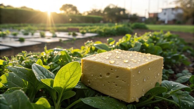Golden Tofu Cube Amongst Fresh Greens in Sunlight