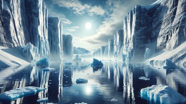 Video of arctic ice cliffs and floating icebergs surround reflective water in a frozen polar wilderness.